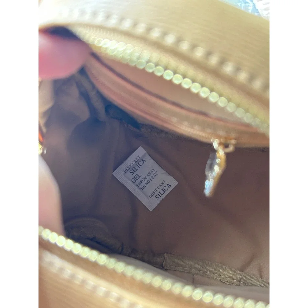 Bebe Logo Mini Backpack Tan Faux Leather‎ Gold Chain Zip Front Pocket Women